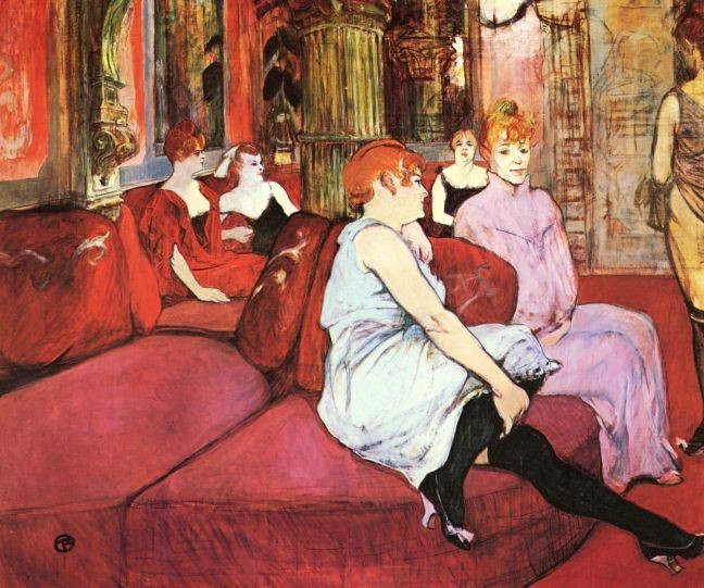 O Salão da Rue des Moulin, Toulouse-Lautrec, 1894, museu Toulouse Lautrec. Albi, França. Em atitude descontraída, num ambiente luxuoso, as prostitutas aguardam seus clientes, na presença da patronne, que está ali para cuidar que tudo corra bem (Foto: historiadasartes.com)