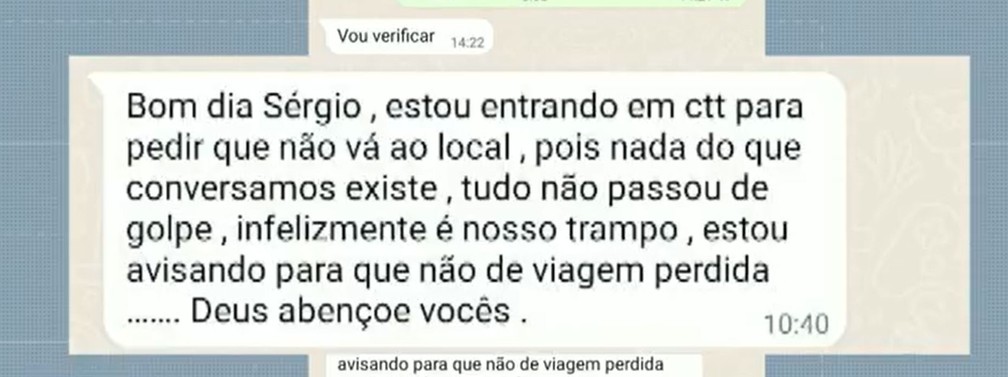 Mensagem enviada por golpista à vítima após receber o pagamento de uma locação fantasma de imóvel na praia — Foto: Reprodução/EPTV