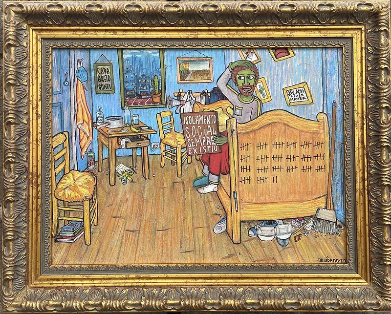 Tela “Isolamento social sempre existiu”, que tem como referência o quadro “Quarto em Arles”, de Vincent van Gogh  (Foto: Galeria Kogan Amaro / Divulgação)