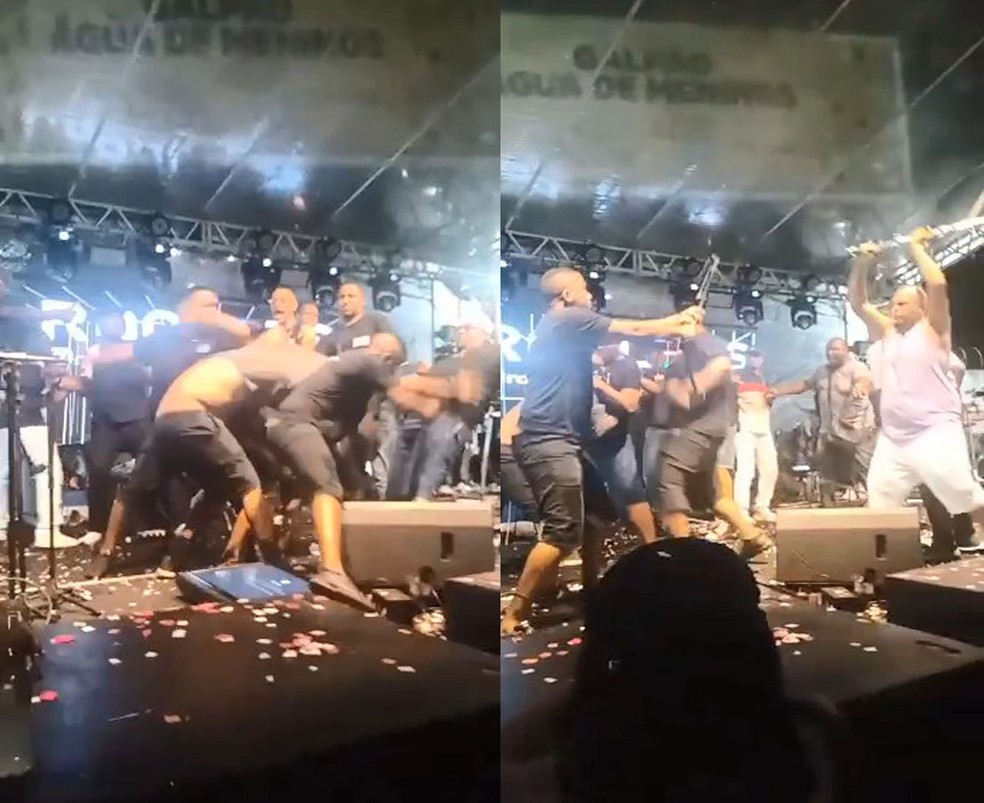 Discussão entre bandas termina com briga generalizada de músicos em cima de palco na Bahia — Foto: Reprodução/TV Bahia