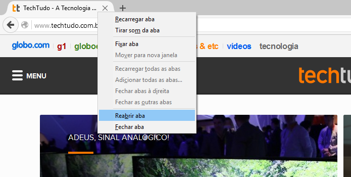 Reabrindo aba no Firefox (Foto: Reprodução/Helito Bijora) 