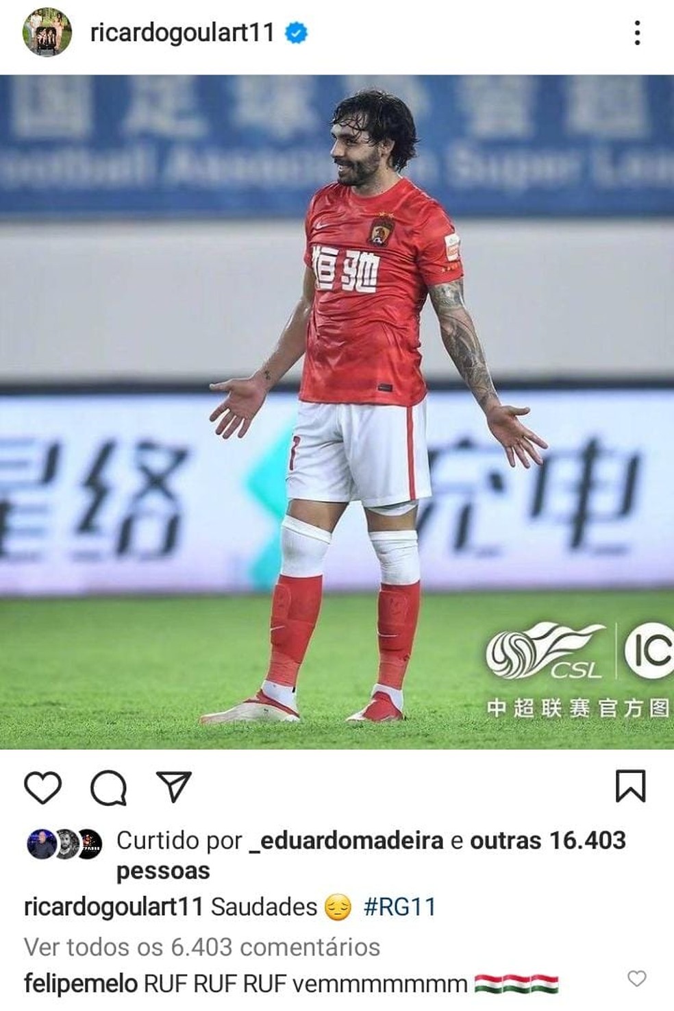 Felipe Melo comenta na foto de Ricardo Goulart e chama jogador para o Flu  Foto: Reproduo / Instagram