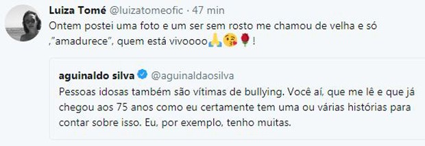 Comentário de Luiza Tomé em post de Agnaldo Silva (Foto: Reprodução/Twitter)