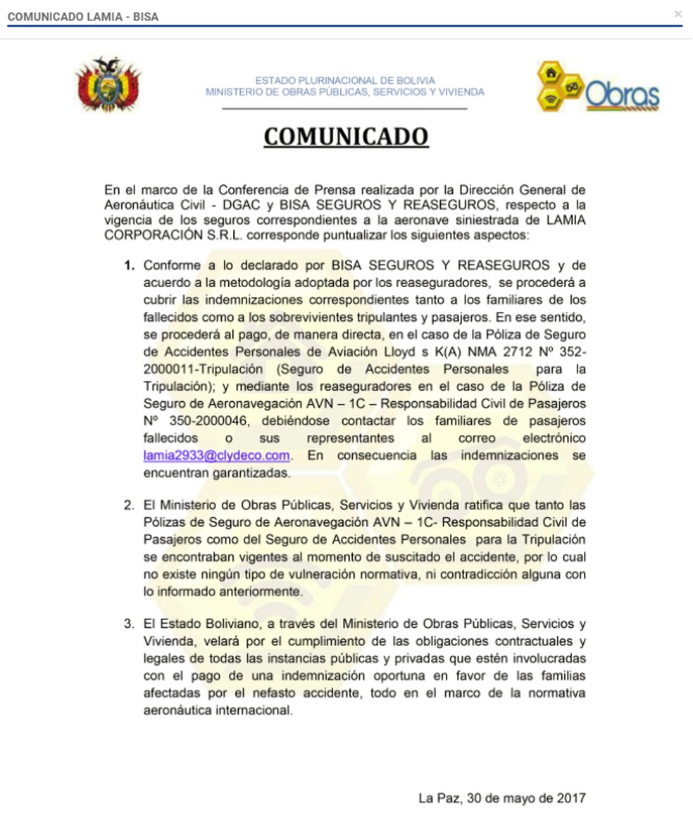 Comunicado oficial do governo boliviano (Foto: Reprodução)