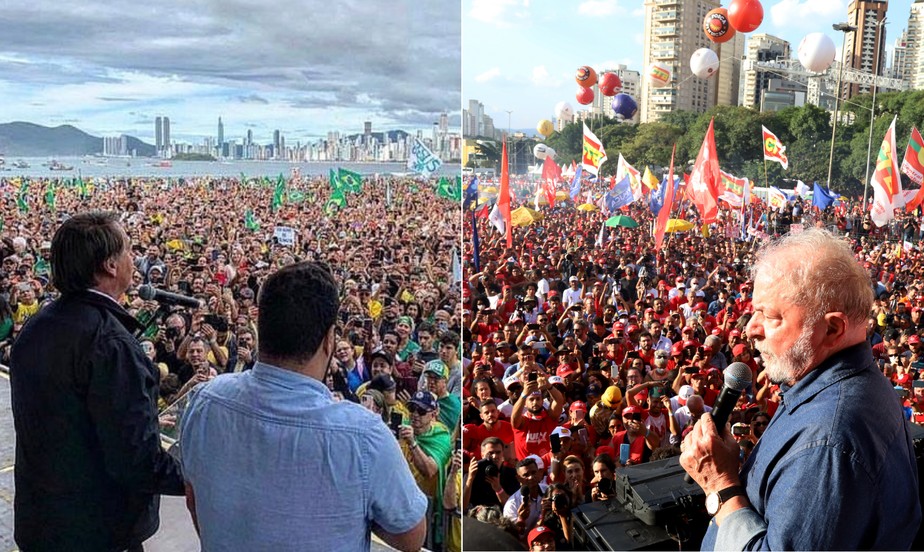 O presidente Jair Bolsonaro (à esquerda, em Balneário Camboriú) e o ex-presidente Lula (à direita, em São Paulo) têm motivado uma guerra de narrativas sobre quem leva mais gente a eventos da pré-campanha