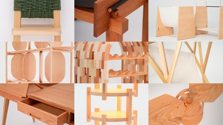 Na exposição SLOW, dezessete estudantes criaram nove peças de design usando madeiras sustentáveis e práticas artesanais