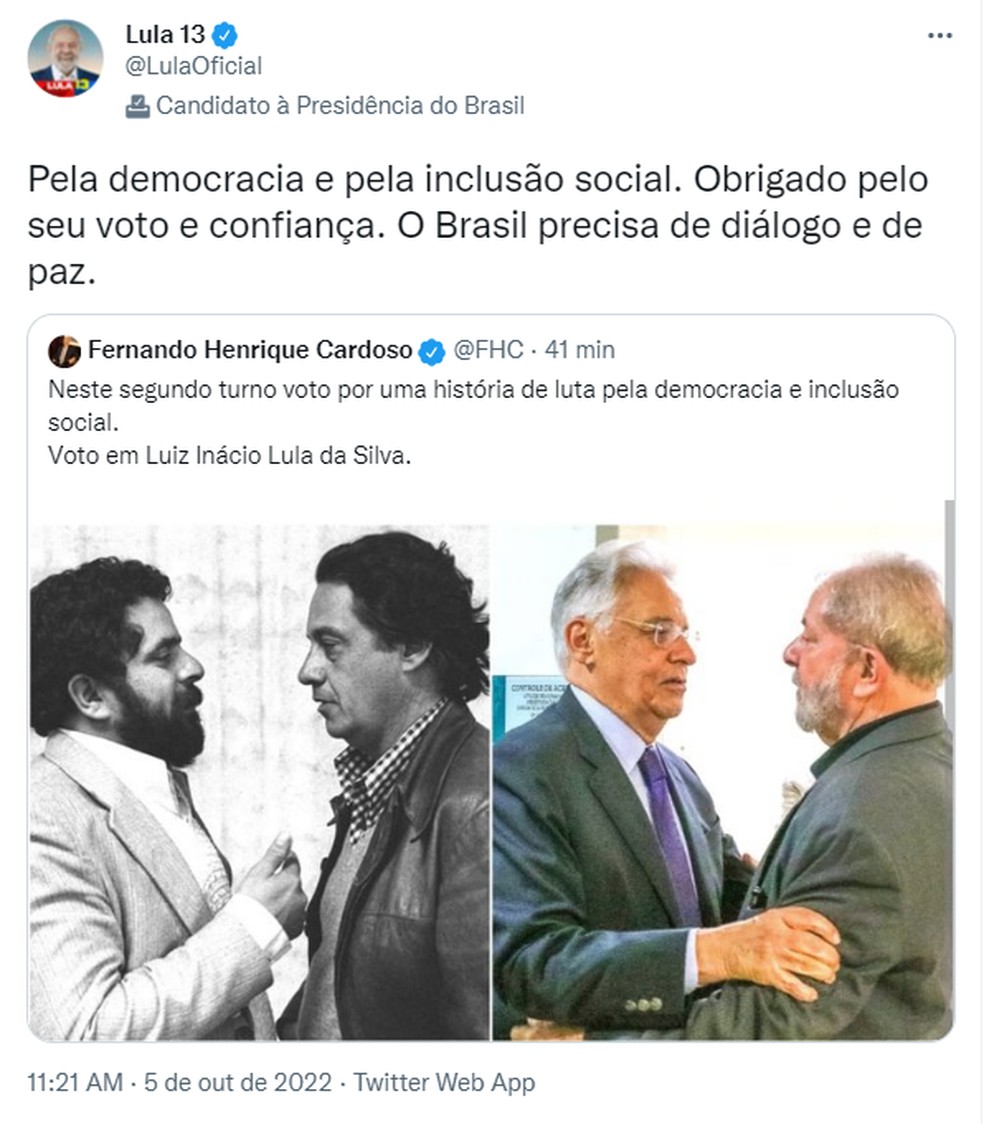 Lula agradece apoio de FHC em publicação no Twitter — Foto: Reprodução/Redes sociais