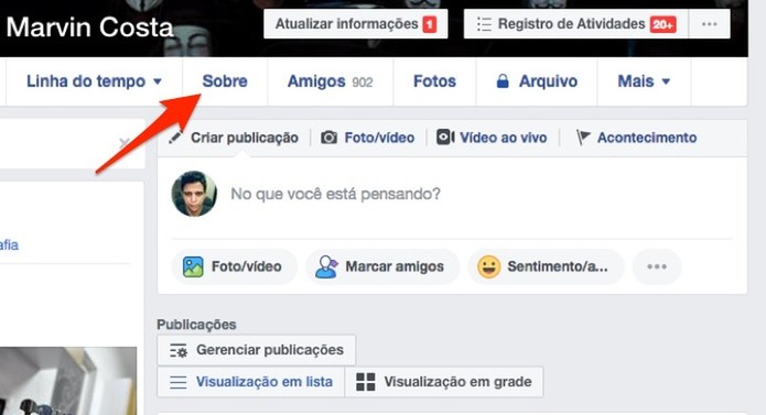 Ação para visualizar a página de dados pessoais de um perfil do Facebook (Foto: Reprodução/Marvin Costa) Ação para visualizar a página de dados pessoais de um perfil do Facebook (Foto: Reprodução/Marvin Costa)