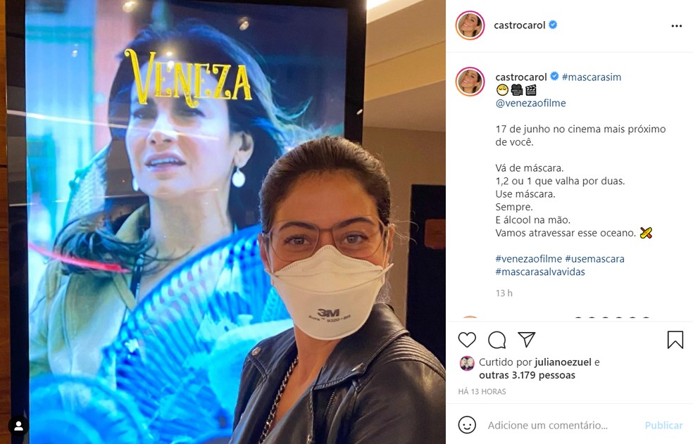 Carol Castro fez post pedindo que as pessoas continuem usando máscara; atriz aproveitou para divulgar seu novo filme 'Veneza' — Foto: Reprodução/Instagram/CarolCastro