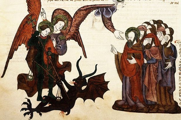 Na Bíblia de Alba, traduzida do hebraico para o castelhano medieval em 1430, o arcanjo Miguel luta contra Satanás (Foto: SCIENCE PHOTO LIBRARY)