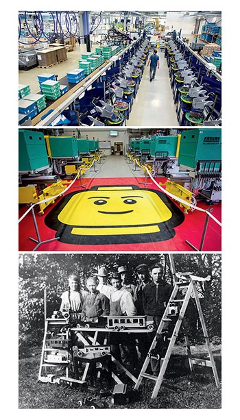 Fábricas da Lego na Dinamarca (acima) e na Hungria. Ao lado, a primeira linha de produção, com peças de madeira (Foto: Divulgação)