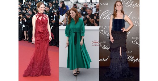 Julianne Moore de Givenchy no red carpet; A atriz escolheu vestido esmeralda para a exibição de Wonderstruck; A noite, Moore optou por um longo azul para festa da Chopard