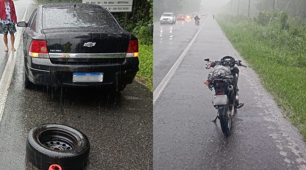 Pneu de carro se desprendeu e atingiu motociclista que dirigia em rodovia — Foto: Polícia Militar Rodoviária