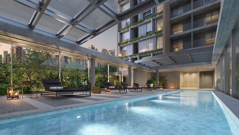 Perspectiva da piscina na área externa, que tem paisagismo assinado por Alex Hanazaki  — Foto: Divulgação