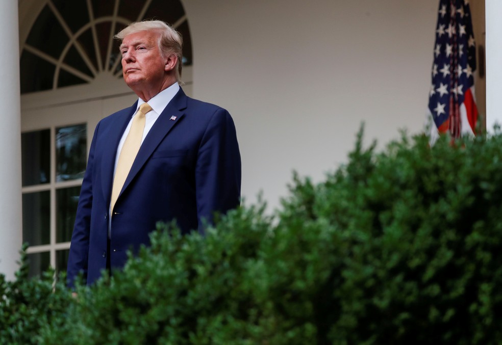 Donald Trump, presidente dos EUA, durante apresentaÃ§Ã£o na Casa Branca, em Washington â Foto: Carlos Barria/Reuters