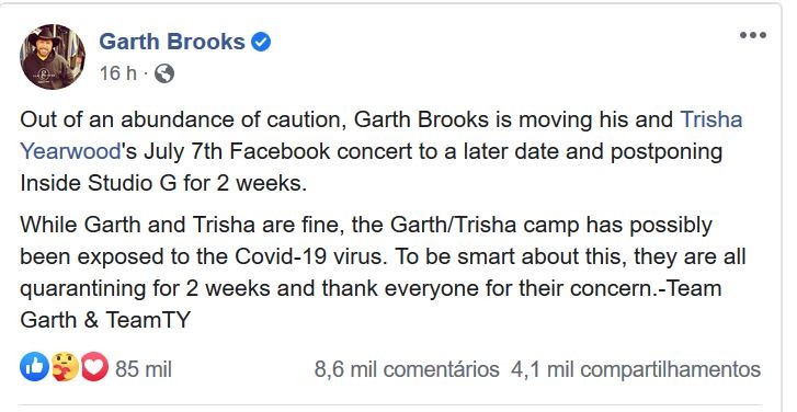Comunicado Garth Brooks (Foto: Facebook)