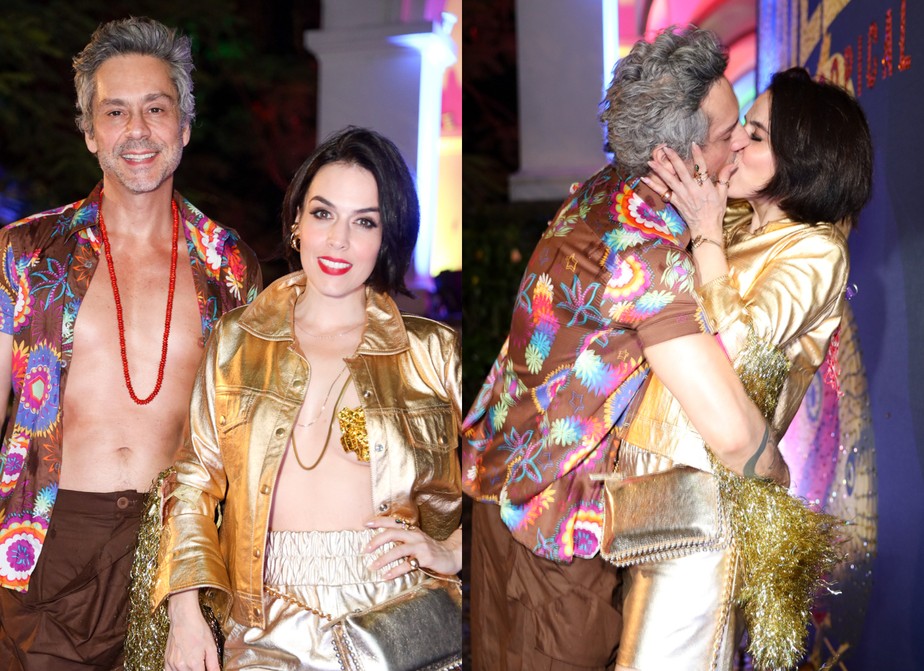 De saia e camisa aberta, Alexandre Nero d&aacute; beij&atilde;o na mulher no Baile da  Arara | Carnaval | Quem