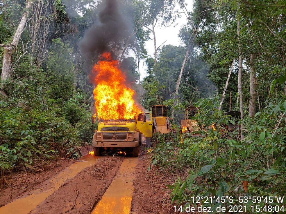 Ibama incendia maquinários que eram usados em exploração ilegal de madeira em MT — Foto: Ibama
