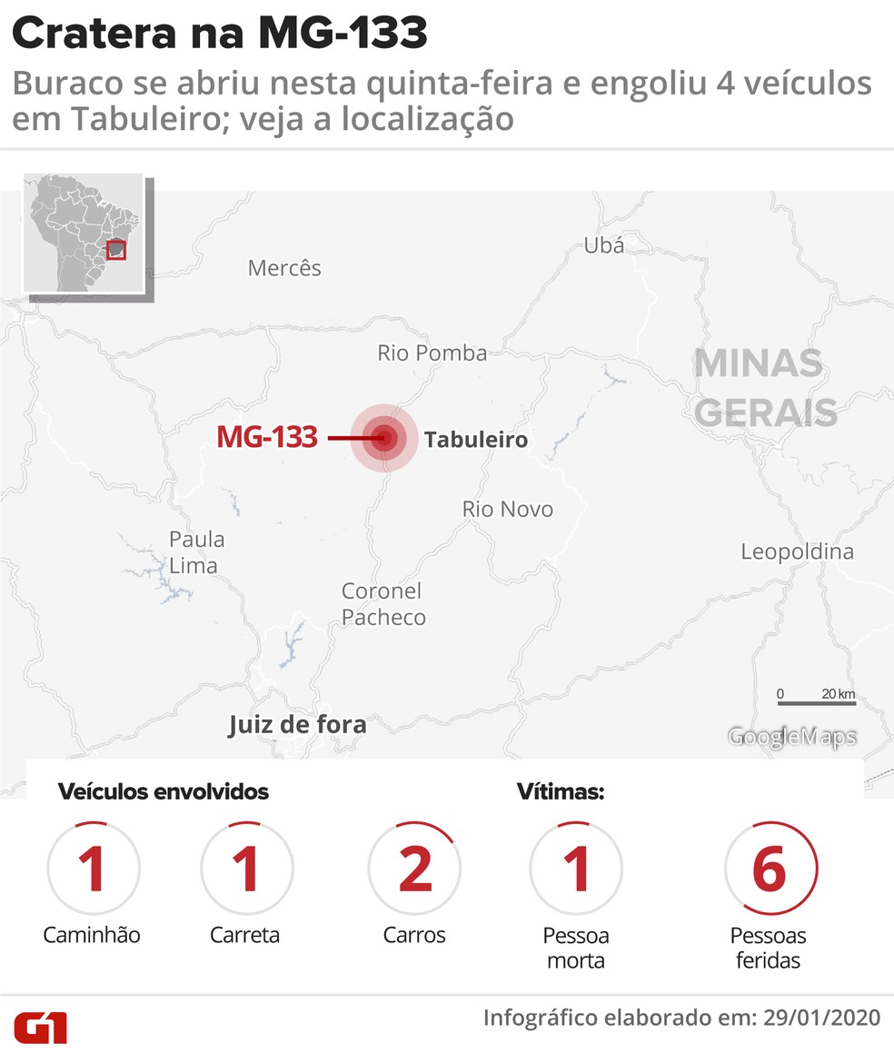 Mapa mostra a localização de uma cratera na MG-133 em Tabuleiro — Foto: Juliane Monteiro/ G1