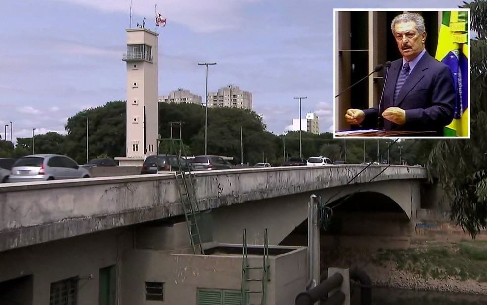 Ponte das Bandeiras passou a ter o nome do Senador Romeu Tuma após projeto de Eduardo Tuma ser aprovado — Foto: TV Globo/Reprodução