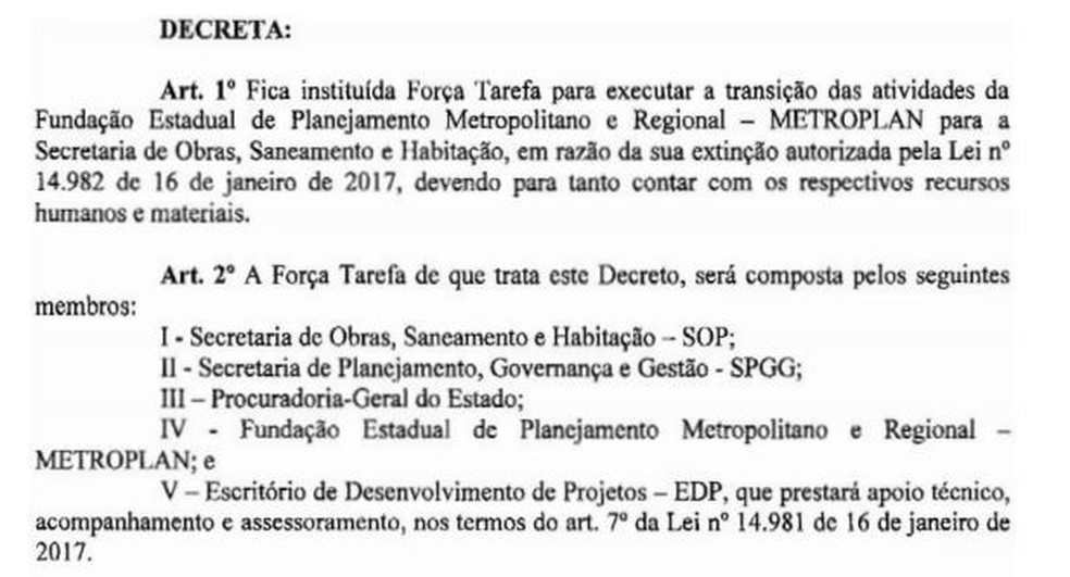 Decreto estabelece a força-tarefa que vai transferir as atividades da Metroplan para a Secretaria Estadual de Obras (Foto: Reprodução/Diário Oficial do Estado)