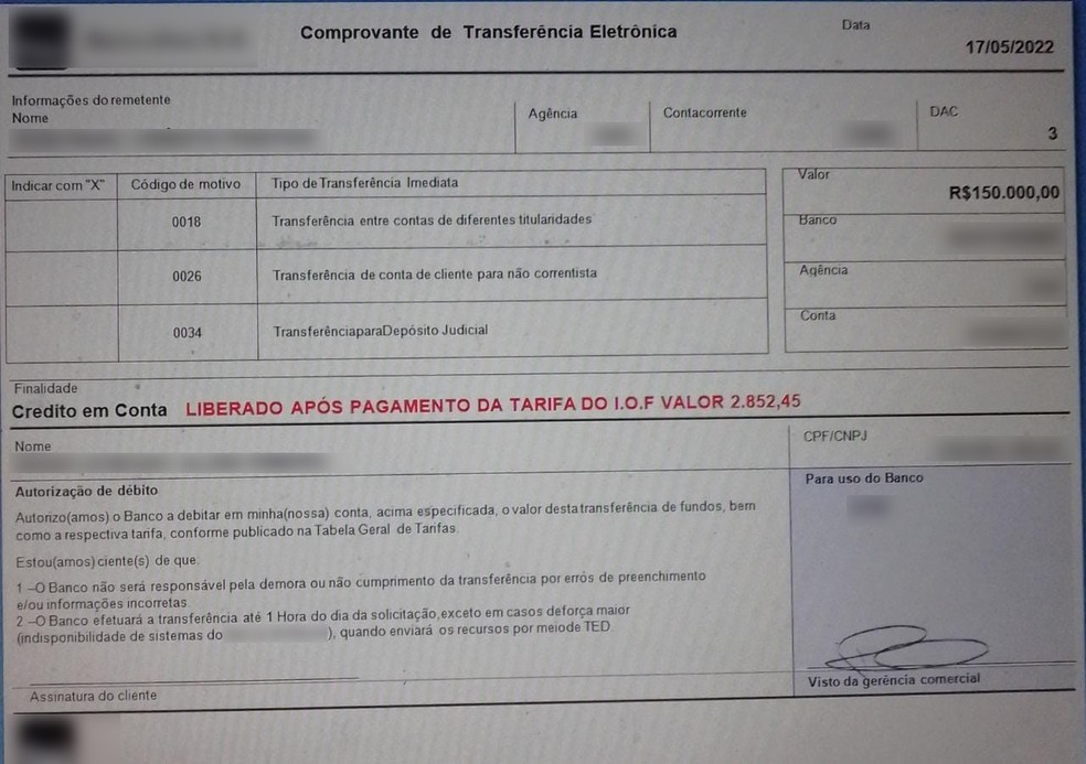 Exemplo de documento falso feito por golpistas em nome da Receita Federal. — Foto: Receita Federal/Divulgação