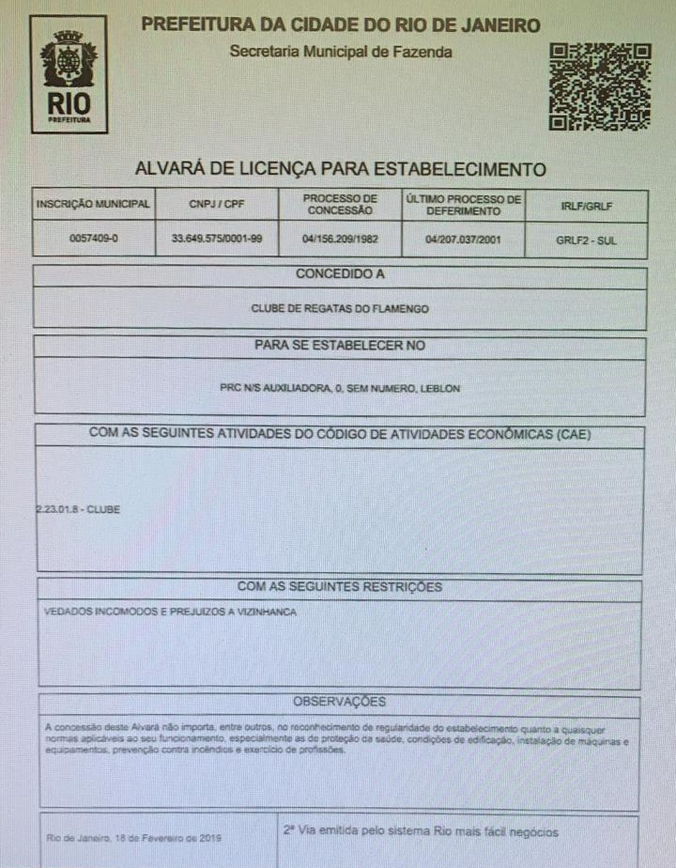 Clube tem alvar&aacute; de funcionamento da G&aacute;vea com data do &uacute;ltimo dia 18 de fevereiro &mdash; Foto: Reprodu&ccedil;&atilde;o