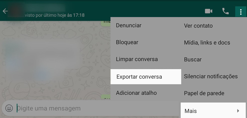 Função 'Exportar conversa' do WhatsApp pode ser usada para arquivar conversas específicas. — Foto: Reprodução