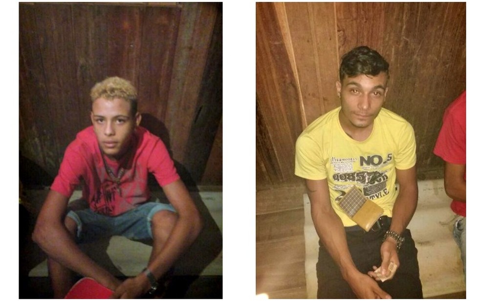 Richard Rodrigues, de 16 anos, (de camisa vermelha) e Lucas Dennedy Freire de Souza, de 20 anos, (camisa amarela) foram fotografados em cativeiro por membros de facção antes de serem decaptados (Foto: Divulgação/Polícia Civil )