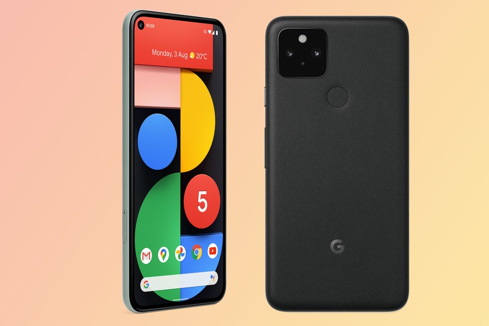 Disposição das câmeras no Google Pixel 6 vai ser em linha, diferente do quadrado no Pixel 5 (na foto) — Foto: Divulgação/Google