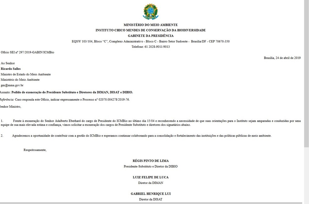 Reprodução de ofício no qual três diretores do ICMBio pedem demissão ao ministro do Meio Ambiente — Foto: Reprodução