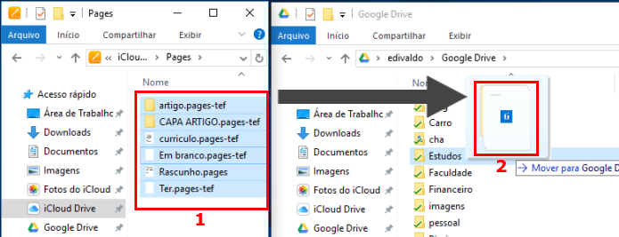 Arrastando os arquivos do Pages no iCloud Drive para o Google Drive (Foto: Reprodução/Edivaldo Brito)
