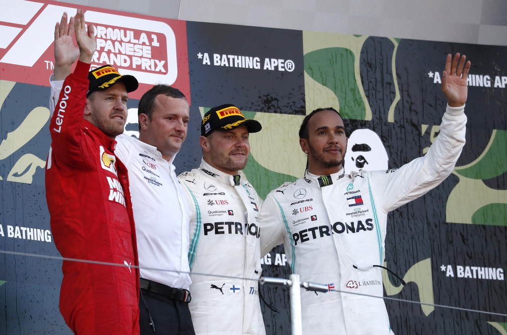 Vettel, Bottas e Hamilton no pódio em Suzuka — Foto: Reuters