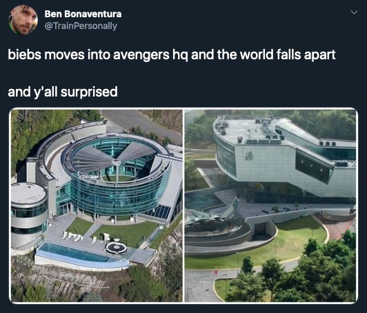 Um tuíte comparando a casa de Justin Bieber com o quartel-general dos Vingadores nos filmes do Universo Cinematográfico Marvel (Foto: Twitter)