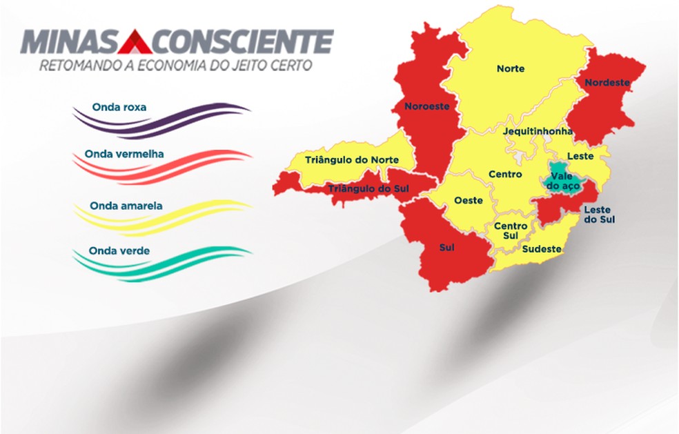 Veja o mapa atualizado do Minas Consciente com as ondas de cada região — Foto: Divulgação/Governo de MG