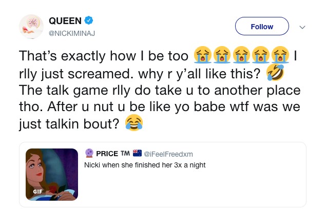 A brincadeira da cantora Nicki Minaj com uma fã que comentou sobre a vida sexual da artista (Foto: Twitter)