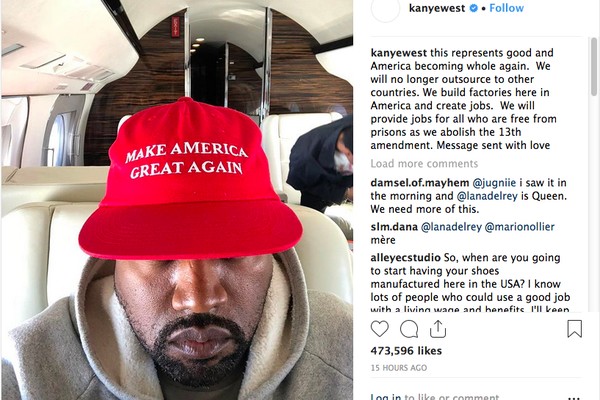 O post de Kanye West prestando solidariedade e defendendo o governo de Donald Trump (Foto: Instagram)