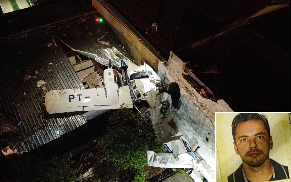 La foto muestra el avión que se estrelló en su casa en Goiânia y la foto de una de las víctimas mortales, Bruno Rodrigues da Rocha, en Goiânia — Foto: José Washington/TV Anhanguera e Reproducción