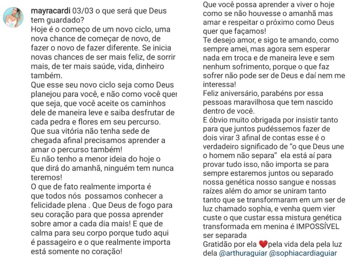 Mayra Cardi homenageia Arthur Aguiar (Foto: Reprodução/Instagram)