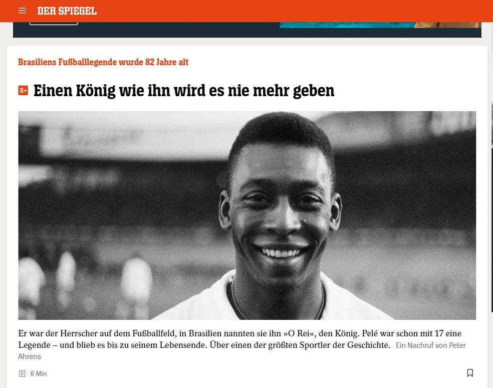 Morte de Pelé ficou no principal destaque do site da revista alemã 'Spiegel' — Foto: Spiegel/Reprodução