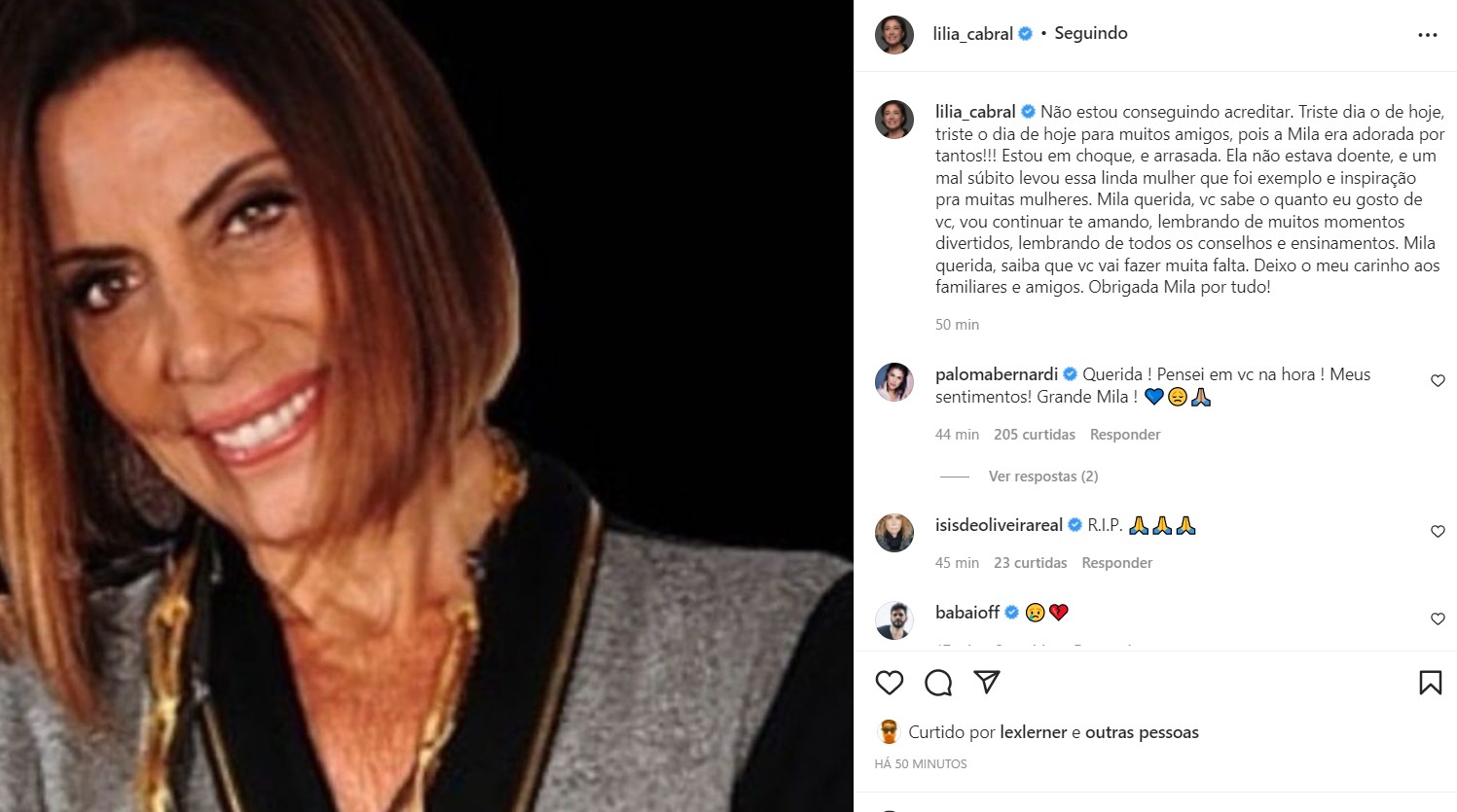 Lilia Cabral lamenta morte de Mila Moreira (Foto: Reprodução/Instagram)