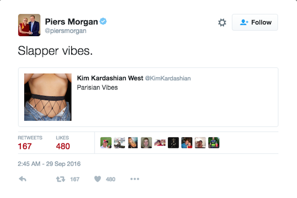 O comentário feito pelo jornalista Piers Morgan sobre a foto de Kim Kardashian (Foto: Twitter)