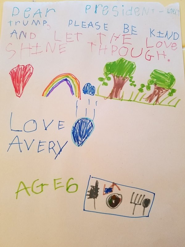 Querido Presidente Eleito Trump, por favor seja gentil e deixei o amor brilhar. Com amor, Avery. Idade, 6 anos. (Foto: Facebook)