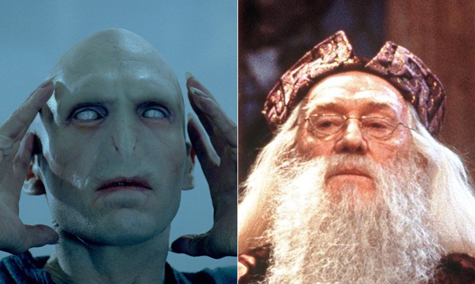 Voldemort (esquerda) e Dumbledore no universo audiovisual de Harry Potter