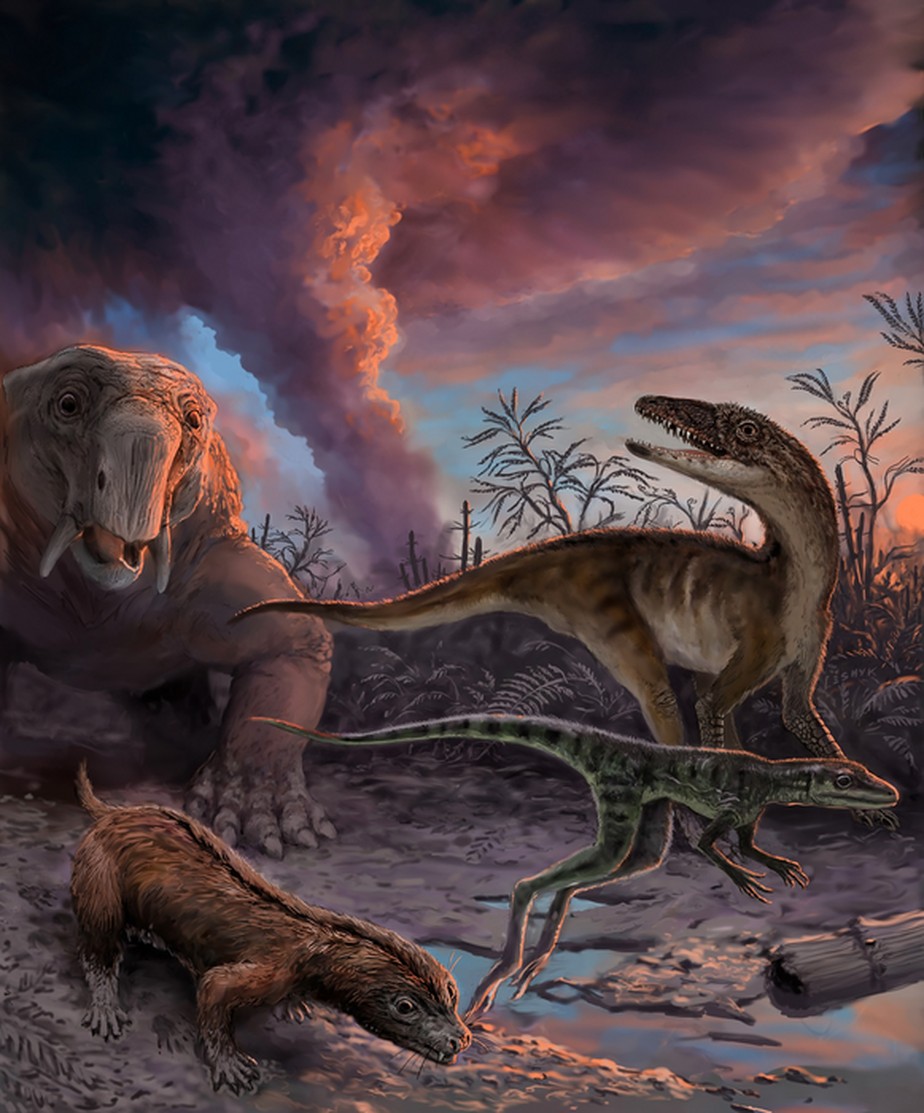 Imagens de espécies ancestrais de dinossauros, que viveram antes da grande extinção