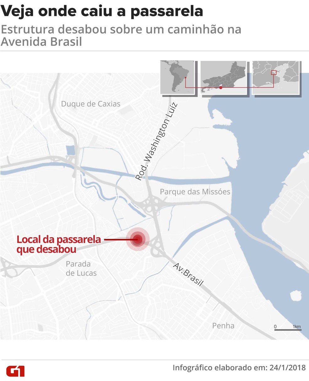 Mapa mostra onde passarela caiu sobre caminhão na Avenida Brasil (Foto: Claudia Peixoto/Editoria de Arte G1)