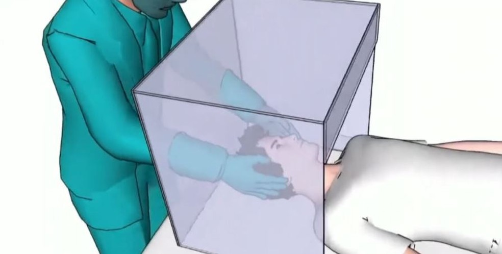Braços entram por buraco na caixa acrílica que cobra cabeça do paciente de coronavírus — Foto: Reprodução/TV Globo