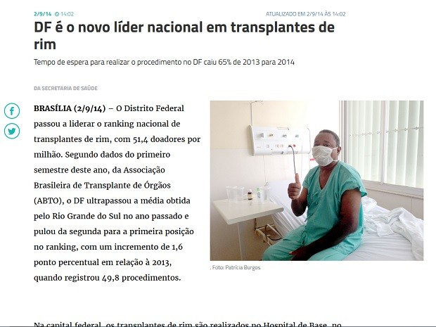 Em notícia no próprio portal, o governo do Distrito Federal disse em 2014 ser campeão em transplantes renais (Foto: Agência Brasília/Reprodução)