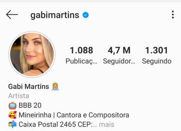 Gabi Martins com 4,7 milhões após deixar o BBB20 (Foto: Reprodução/Instagram)