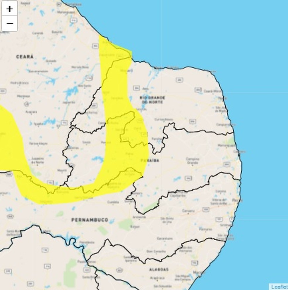 Lista de cidades com alerta amarelo na Paraíba — Foto: Divulgação/Inmet